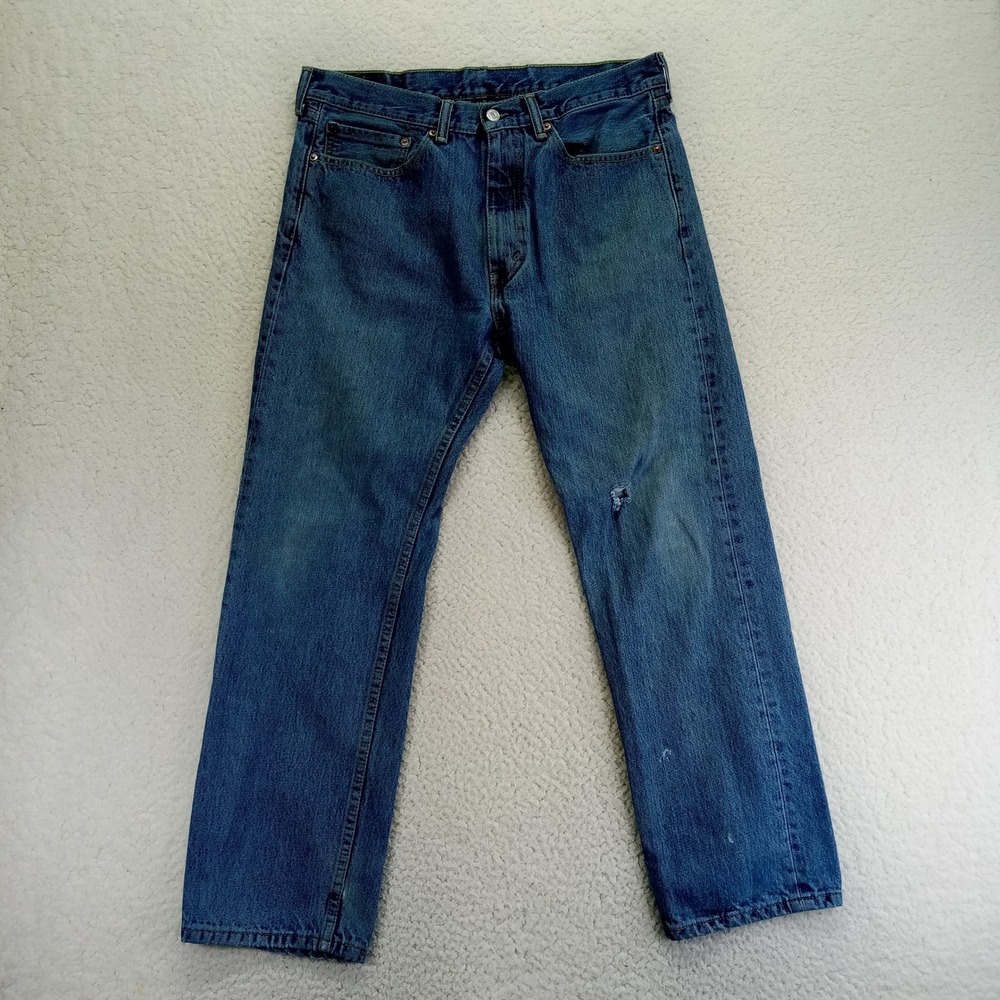Levi Strauss & Co 505 Mens Jeans W34 L30 Blue Denim Straight Fit Distressed
